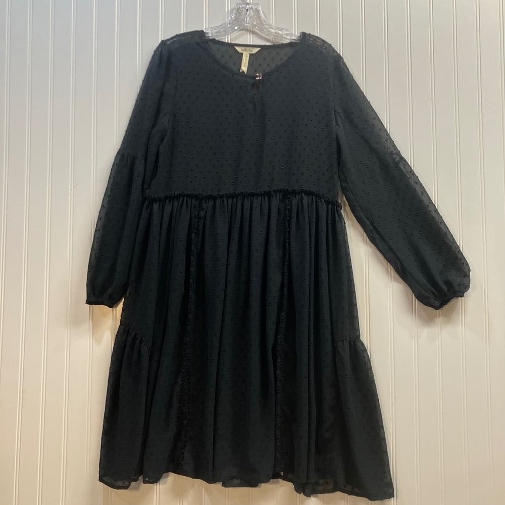 Matilda Jane Black Swiss Dot Babydoll Dress Long Sleeve Crochet Lace Tiered M
